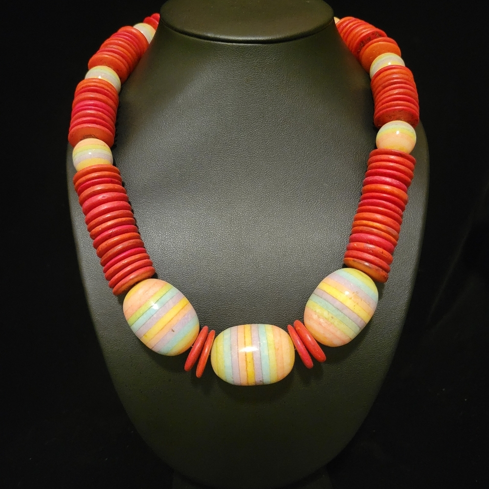 Estate Rainbow Wood Beaded Statement Necklace